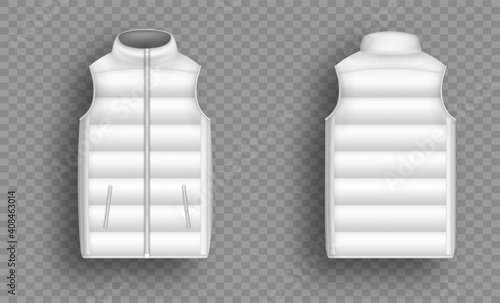 White winter puffer vest, sleeveless jacket mockup set, vector illustration isolated on transparent background. Realistic warm waistcoat, down padded vest, front and back view.