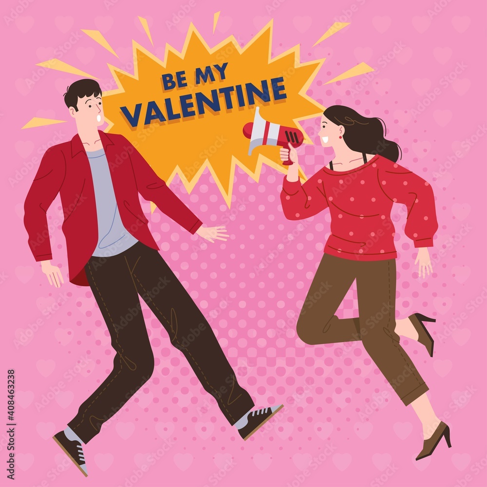a woman using a megaphone asks if a man wants to be her partner on valentine's day with a pink background a woman using a megaphone asks if a man wants to be her partner on valentine's day with a pink background