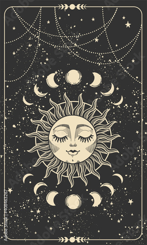 Tarot card with sun with face, moon phases and stars. Magic card, bohemian design, tattoo, engraving, witch cover. Golden mystical hand drawing on a black background.