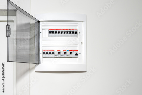 Foto Electricity distribution box in the apartment on a white wall