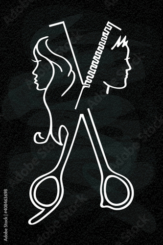 Vector illustration of hairdressing scissors with female and male silhouette on chalkboard as template for beauty salons, studios, shops, cards, signs, business cards, banners. Badge, tag, icon.