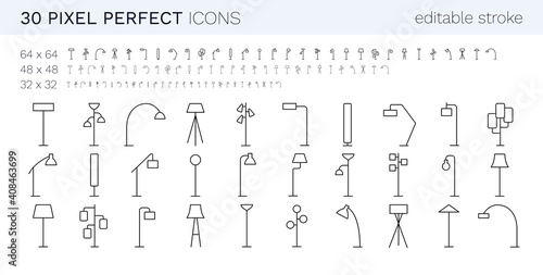 Floor lamps pixel perfect line icon set. 64x64, 48x48, 32x32 sizes are included. There are old-fashion and modern lampshades for different rooms. All icons have editable stroke.