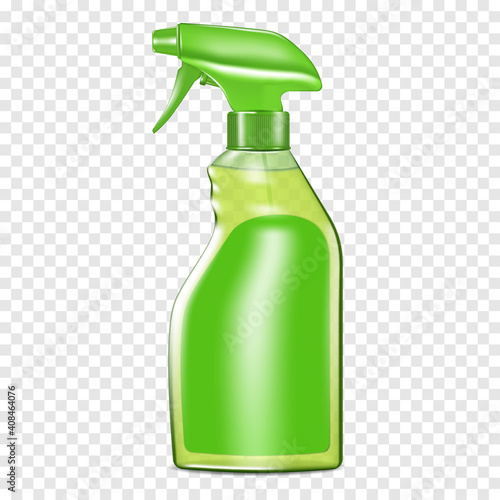Clear green plastic mist spray bottle with blank label on transparent background, vector mockup. Water spraying container. Trigger pump sprayer. Template for design