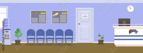 Waiting room for patients in the dental office. Interior building for stomatology concept. Vector in flat style.
