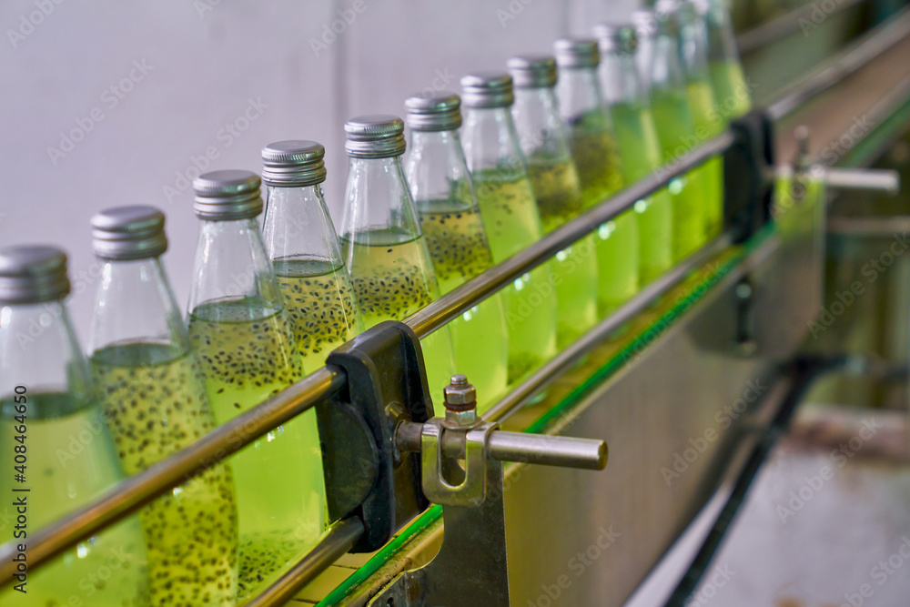 Sequence line of kiwi juice and basil seed in automatic machine for drinking industry