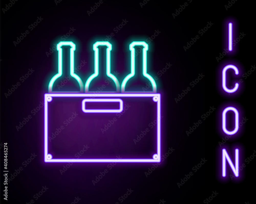 Glowing neon line Bottles of wine in a wooden box icon isolated on black background. Wine bottles in a wooden crate icon. Colorful outline concept. Vector. Glowing neon line Bottles of wine in a wooden box icon isolated on black background. Wine bottles in a wooden crate icon. Colorful outline concept. Vector.