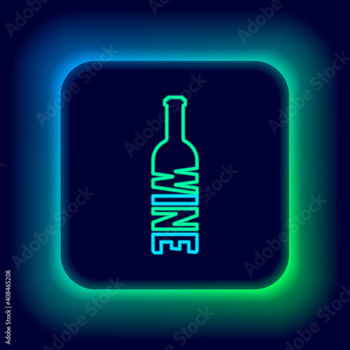 Glowing neon line Bottle of wine icon isolated on black background. Lettering bottle of wine. Colorful outline concept. Vector.