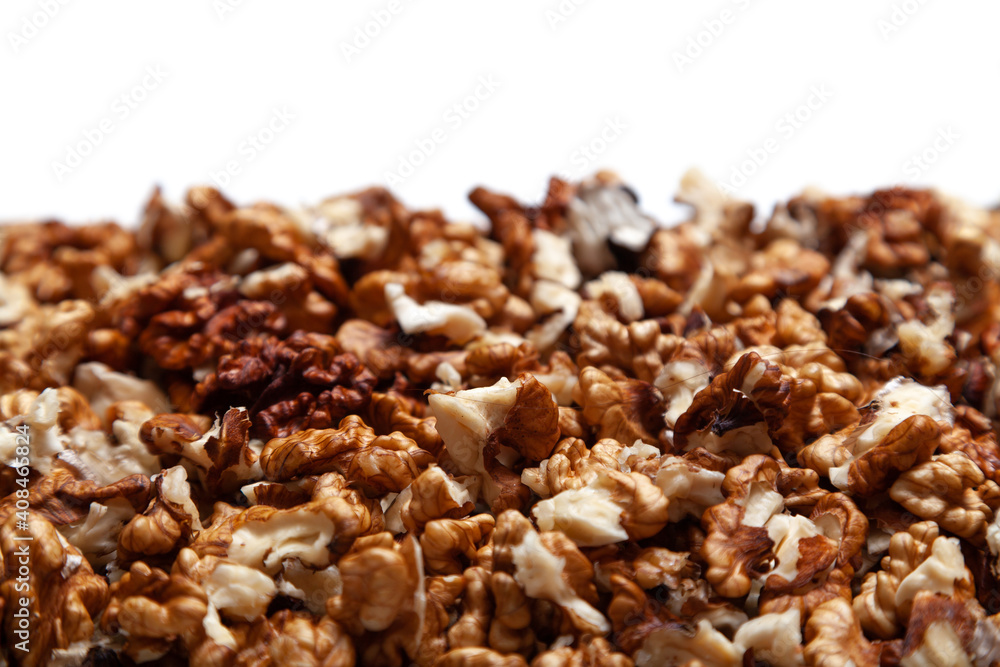 Peeled nuts are even layer. Side view Peeled nuts are even layer. Side view