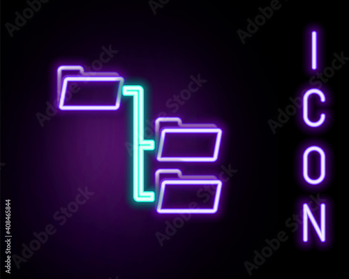 Glowing neon line Folder tree icon isolated on black background. Computer network file folder organization structure flowchart. Colorful outline concept. Vector.