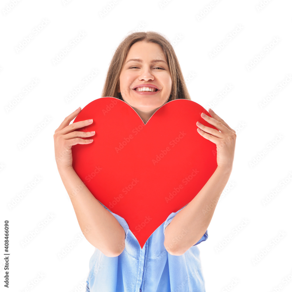 Young woman with red heart on white background Young woman with red heart on white background