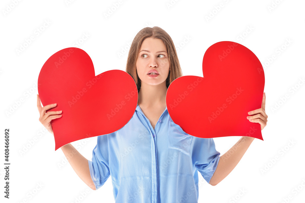 Troubled woman with red hearts on white background Troubled woman with red hearts on white background