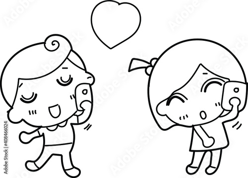 Loving men and women stood talking on the phone and adorned their hearts. Couple in love vector illustration for valentines day.