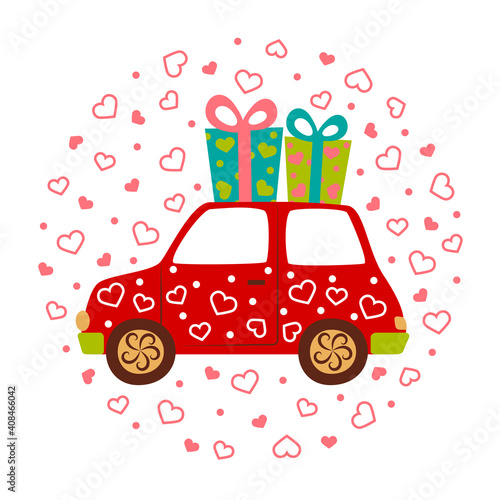 Red cartoon car with gifts and hearts. Happy Valentines day. Copy space. Flat design. Vector illustration. The isolated image on a white background. Greeting card. Template