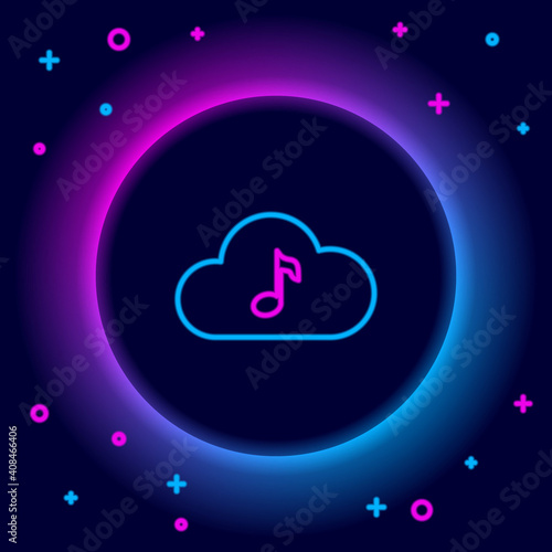 Glowing neon line Music streaming service icon isolated on black background. Sound cloud computing, online media streaming, online song, audio wave. Colorful outline concept. Vector.