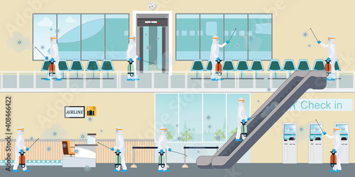 Specialist in hazmat suit cleaning and disinfecting coronavirus cells at the airport.