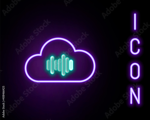 Glowing neon line Music streaming service icon isolated on black background. Sound cloud computing, online media streaming, online song, audio wave. Colorful outline concept. Vector.