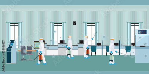 Specialist in hazmat suit cleaning and disinfecting coronavirus cells at the bank.