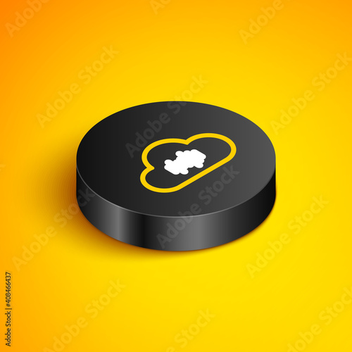 Isometric line Music streaming service icon isolated on yellow background. Sound cloud computing, online media streaming, online song, audio wave. Black circle button. Vector.