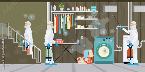 Specialist in hazmat suit cleaning and disinfecting coronavirus cells at the home.