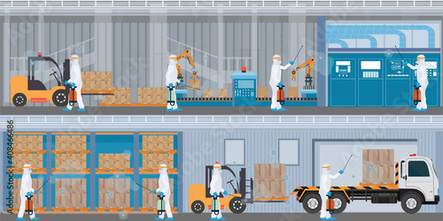 Specialist in hazmat suit cleaning and disinfecting coronavirus cells at the factory.