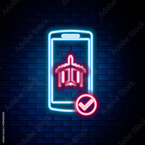 Glowing neon line Flight mode in the mobile phone icon isolated on brick wall background. Airplane or aeroplane flight offline mode passenger regulation airline . Colorful outline concept. Vector.