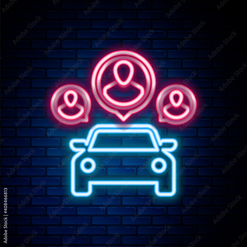 Glowing neon line Car sharing with group of people icon isolated on brick wall background. Carsharing sign. Transport renting service concept. Colorful outline concept. Vector. Glowing neon line Car sharing with group of people icon isolated on brick wall background. Carsharing sign. Transport renting service concept. Colorful outline concept. Vector.