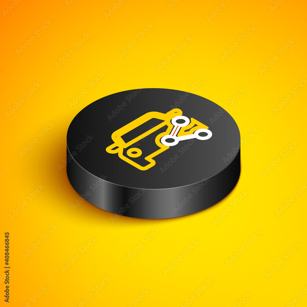 Isometric line Car sharing icon isolated on yellow background. Carsharing sign. Transport renting service concept. Black circle button. Vector. Isometric line Car sharing icon isolated on yellow background. Carsharing sign. Transport renting service concept. Black circle button. Vector.