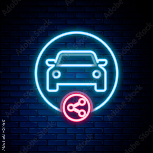Glowing neon line Car sharing icon isolated on brick wall background. Carsharing sign. Transport renting service concept. Colorful outline concept. Vector.