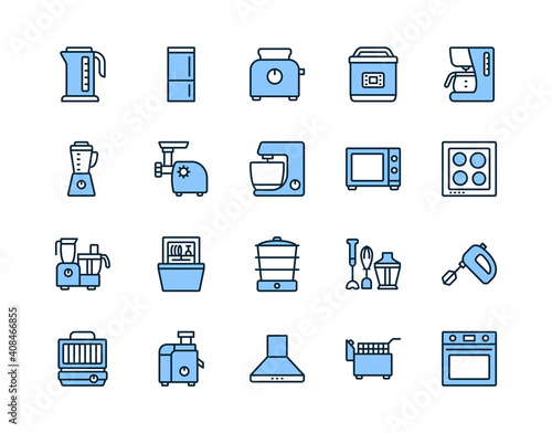 Kitchen appliances line icon set blue color. Vector illustration household equipment for cooking. Editable strokes