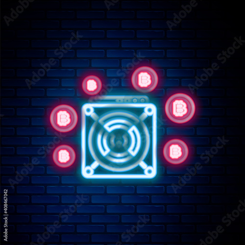 Glowing neon line ASIC Miner icon isolated on brick wall background. Cryptocurrency mining equipment and hardware. Application specific integrated circuit. Colorful outline concept. Vector.
