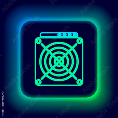 Glowing neon line ASIC Miner icon isolated on black background. Cryptocurrency mining equipment and hardware. Application specific integrated circuit. Colorful outline concept. Vector.