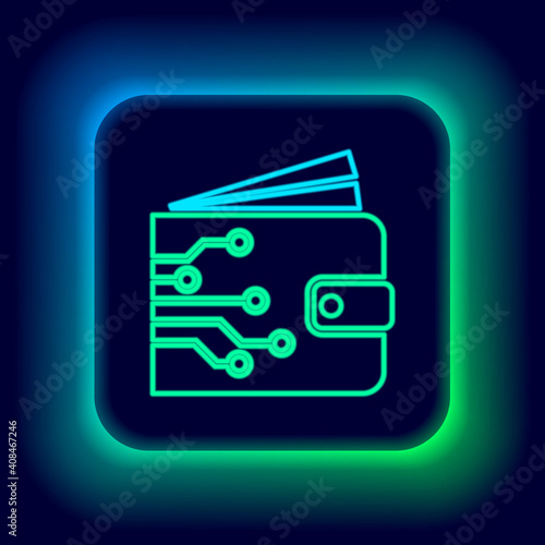 Glowing neon line Cryptocurrency wallet icon isolated on black background. Wallet and bitcoin sign. Mining concept. Money, payment, cash, pay icon. Colorful outline concept. Vector.
