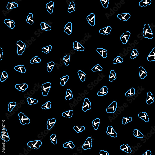 Line Cryptocurrency cloud mining icon isolated seamless pattern on black background. Cloud with pickaxe, bitcoin, digital money market, cryptocoin wallet. Vector.