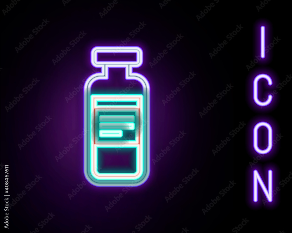 Glowing neon line Medical vial, ampoule, bottle icon isolated on black background. Vaccination, injection, vaccine healthcare concept. Colorful outline concept. Vector. Glowing neon line Medical vial, ampoule, bottle icon isolated on black background. Vaccination, injection, vaccine healthcare concept. Colorful outline concept. Vector.