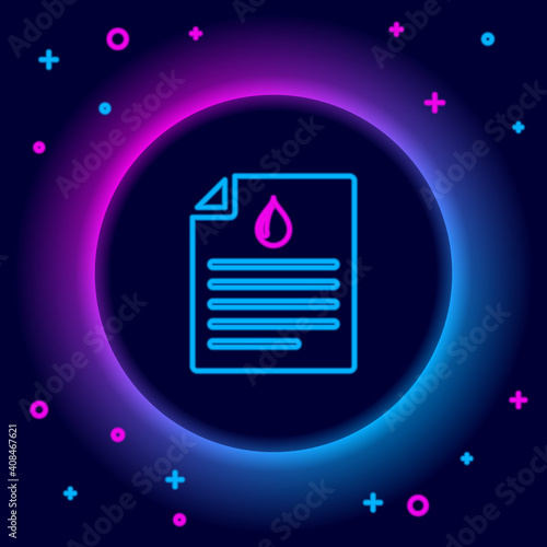 Glowing neon line Medical clipboard with blood test results icon isolated on black background. Clinical record, prescription, medical check marks report. Colorful outline concept. Vector.