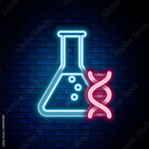 Glowing neon line DNA research, search icon isolated on brick wall background. Genetic engineering, genetics testing, cloning, paternity testing. Colorful outline concept. Vector.