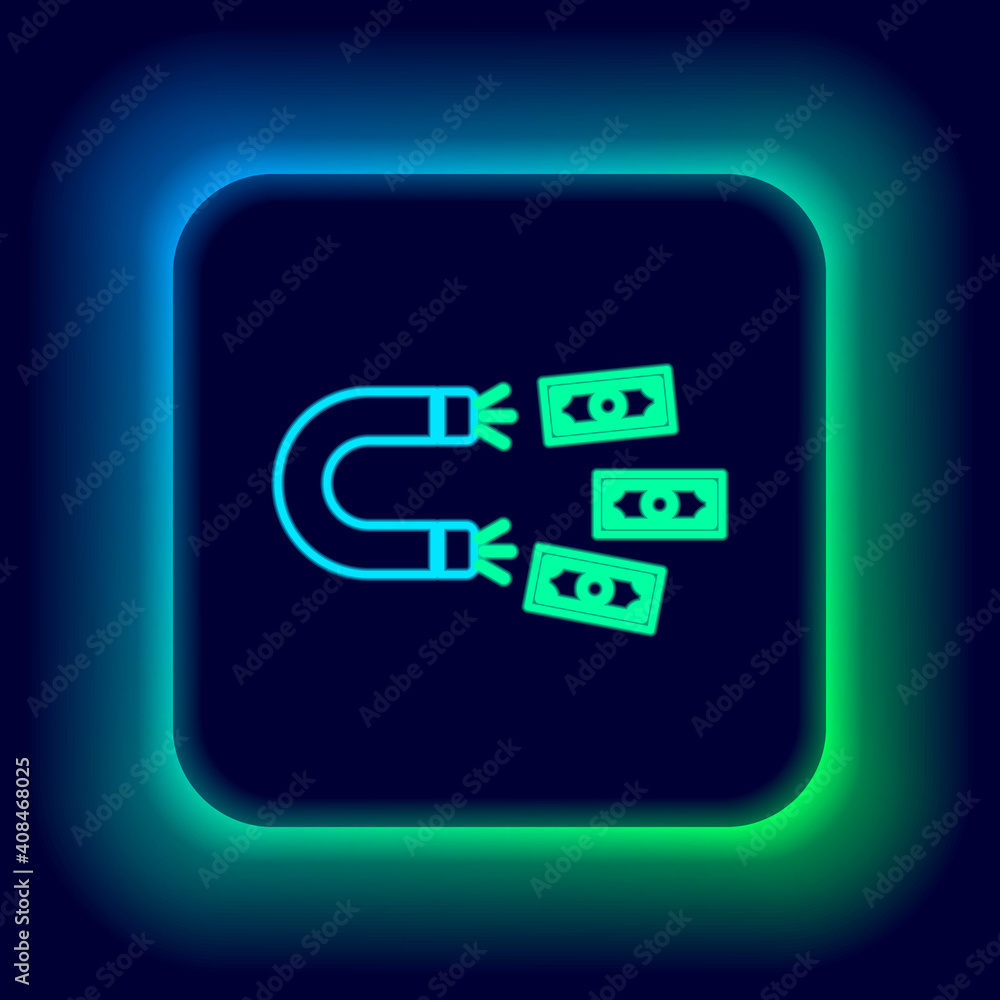 Glowing neon line Magnet with money icon isolated on black background. Concept of attracting investments, money. Big business profit attraction and success. Colorful outline concept. Vector. Glowing neon line Magnet with money icon isolated on black background. Concept of attracting investments, money. Big business profit attraction and success. Colorful outline concept. Vector.