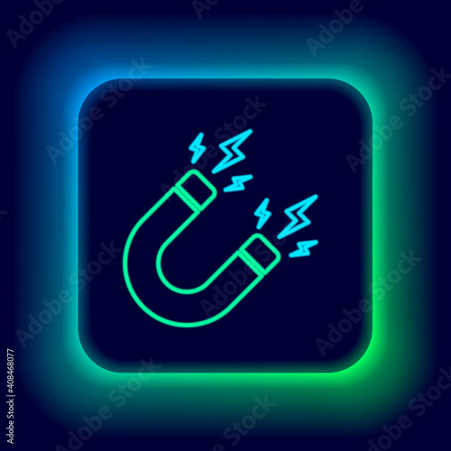 Glowing neon line Magnet with lightning icon isolated on black background. Horseshoe magnet, magnetism, magnetize, attraction sign. Colorful outline concept. Vector.