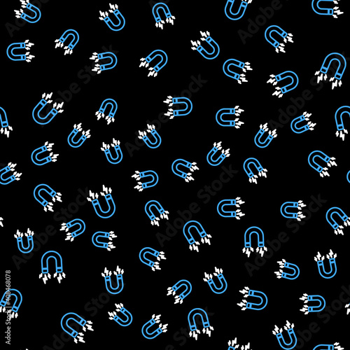 Line Magnet with lightning icon isolated seamless pattern on black background. Horseshoe magnet, magnetism, magnetize, attraction sign. Vector.