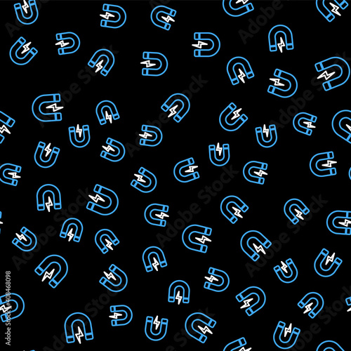 Line Magnet with lightning icon isolated seamless pattern on black background. Horseshoe magnet, magnetism, magnetize, attraction sign. Vector.