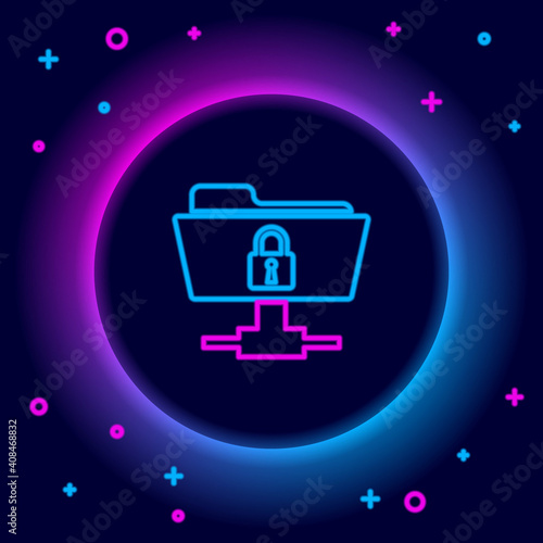Glowing neon line FTP folder and lock icon isolated on black background. Concept of software update, ftp transfer protocol. Security, safety, protection concept. Colorful outline concept. Vector.