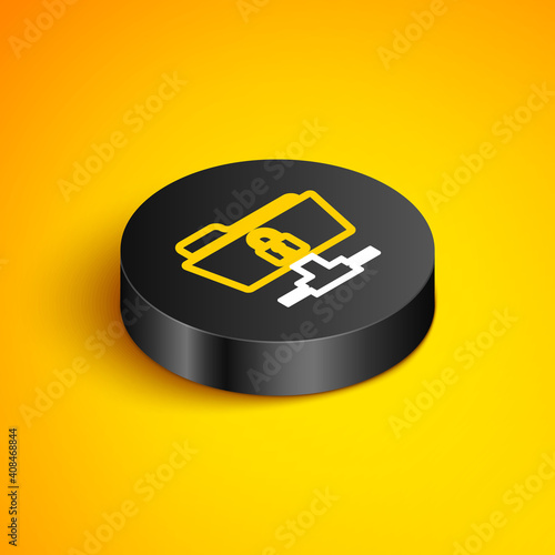 Isometric line FTP folder and lock icon isolated on yellow background. Concept of software update, ftp transfer protocol. Security, safety, protection concept. Black circle button. Vector.