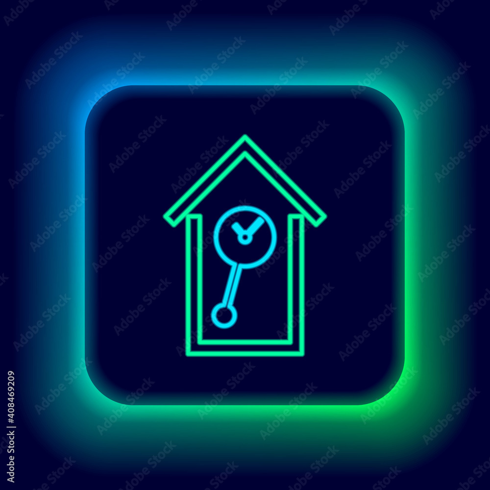 Glowing neon line Retro wall watch icon isolated on black background. Cuckoo clock sign. Antique pendulum clock. Colorful outline concept. Vector. Glowing neon line Retro wall watch icon isolated on black background. Cuckoo clock sign. Antique pendulum clock. Colorful outline concept. Vector.
