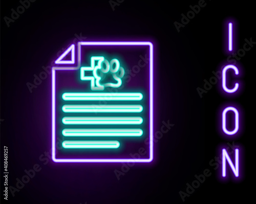 Glowing neon line Medical certificate for travel with dog or cat icon isolated on black background. Document for pet. Dog or cat paw print. Colorful outline concept. Vector.