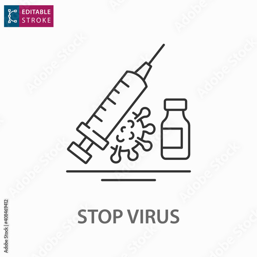 Vaccine and coronavirus line icon on white background. Editable stroke.