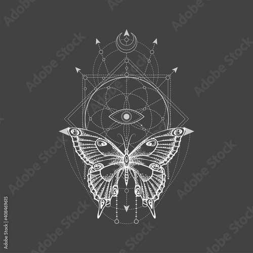 Vector illustration with hand drawn butterfly and Sacred geometric symbol on black background. Abstract mystic sign. White linear shape.