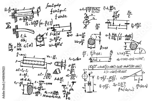 Physical notation with the equations, figures, schemes, plots and other calculations on whiteboard. Retro handwritten vector illustration. Scientific and educational background.