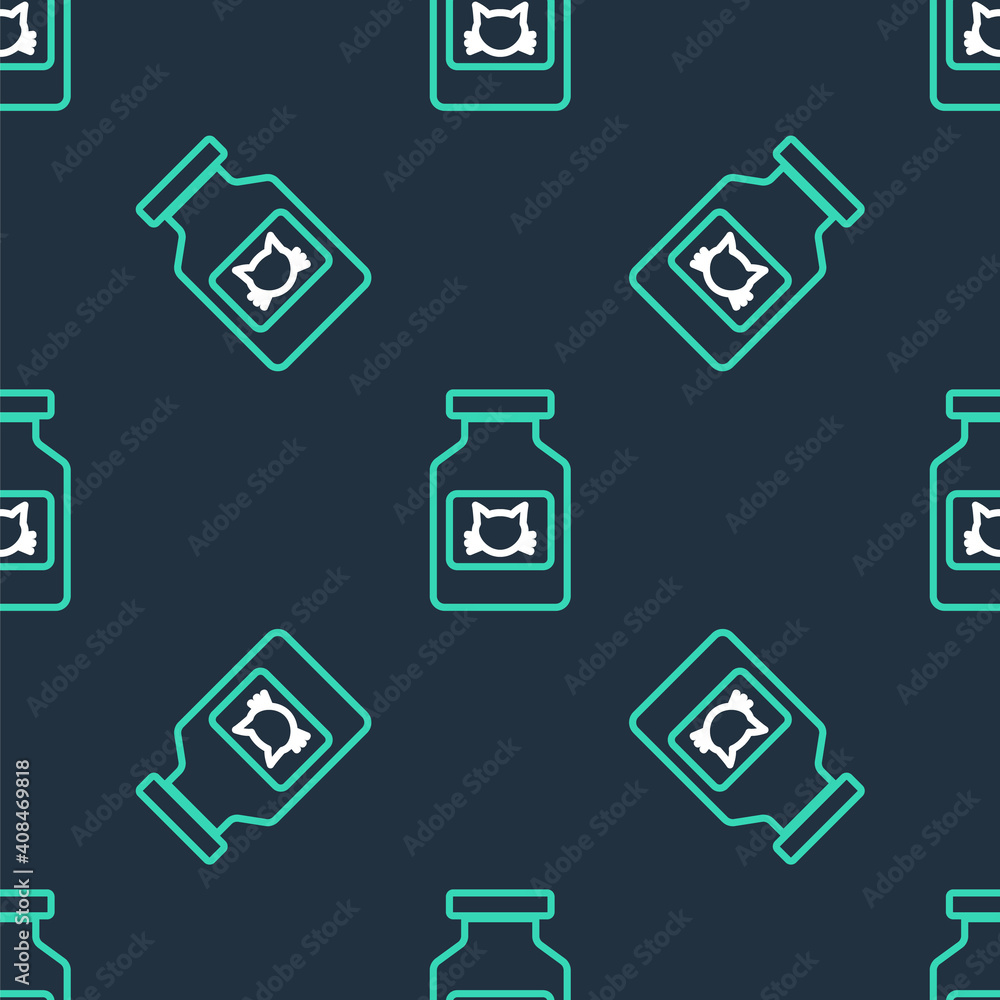Line Cat medicine bottle icon isolated seamless pattern on black background. Container with pills. Prescription medicine for animal. Vector.