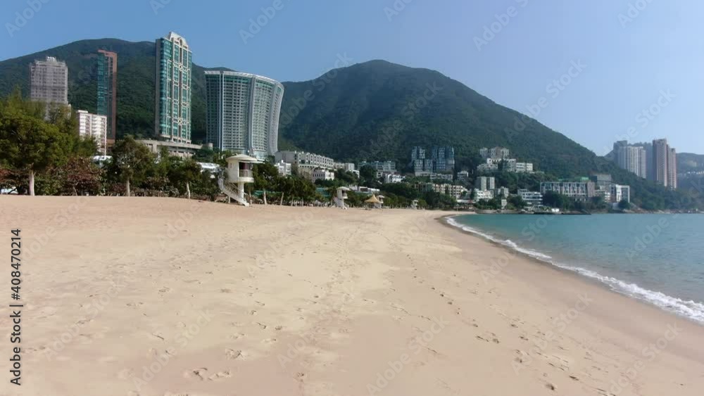 Empty public beach in Hong Kong due to Covid19 lockdown guidelines, Aerial view. Empty public beach in Hong Kong due to Covid19 lockdown guidelines, Aerial view.