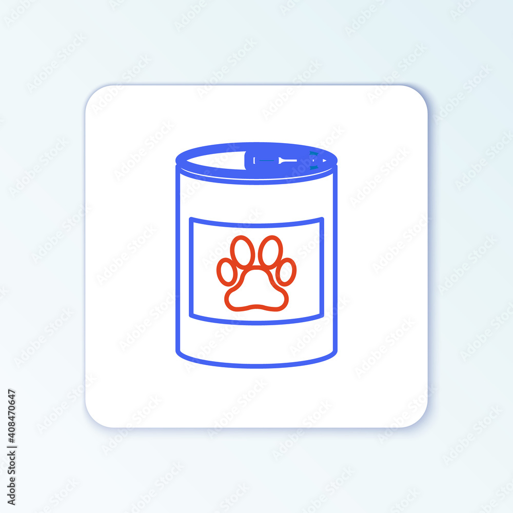 Line Canned food icon isolated on white background. Food for animals. Pet food can. Dog or cat paw print. Colorful outline concept. Vector. Line Canned food icon isolated on white background. Food for animals. Pet food can. Dog or cat paw print. Colorful outline concept. Vector.